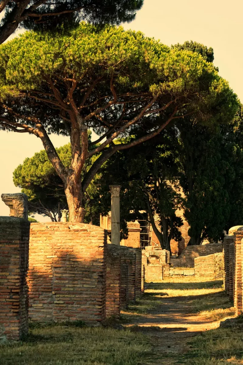 Sunset street view at archaeological Roman ruins in Ostia antica , a beautiful travel archaeology destination with well preserved ancient Rome ruins and buildings architecture, Rome - Italy