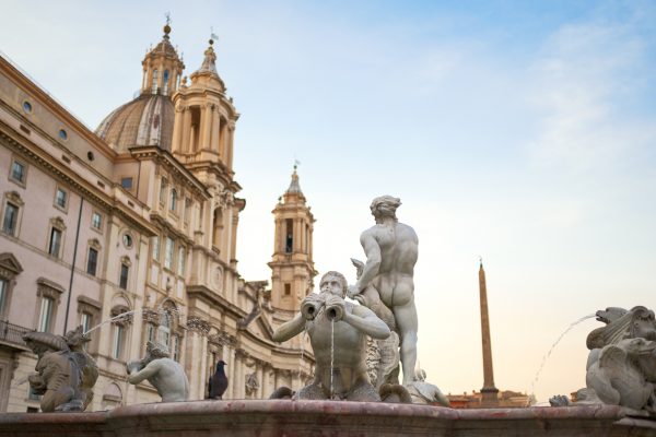 Fontana del Moro at Piazza Navona, Rome Italy The original statues were made by Giacomo della Porta in 1575 and in 1653 the statue of the Moor, by Gian Lorenzo Bernini, was added... these are moved to a museum and the ones in the photo are copies